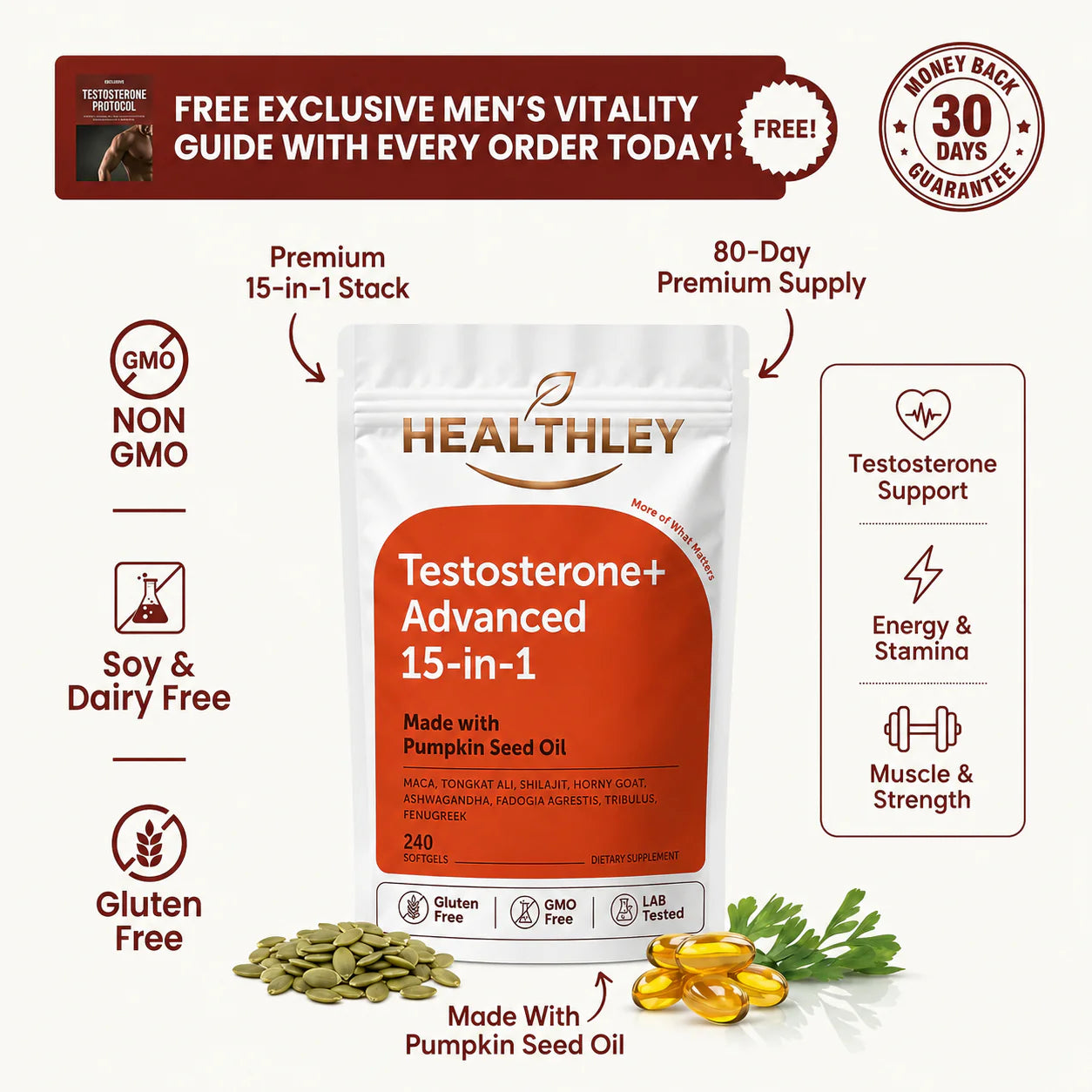 Healthley™ 15 in 1 Testosterone Softgels | Get +3 Inches Longer & Rock Hard