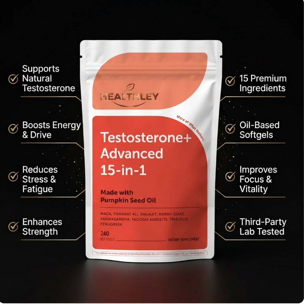 Healthley™ Testosterone+ Advanced 15-in-1 with Pumpkin Seed Oil,